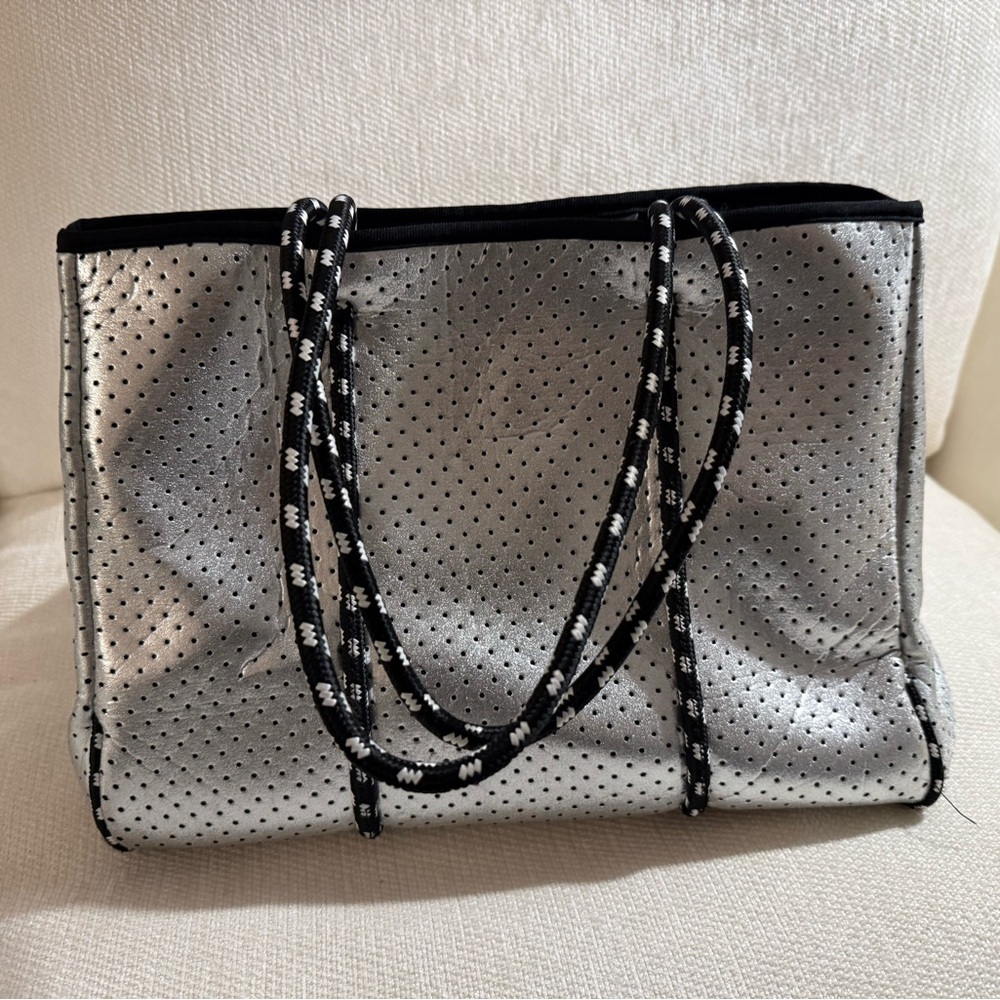 Silver Perforated Tote Bag with Black Rope Handles